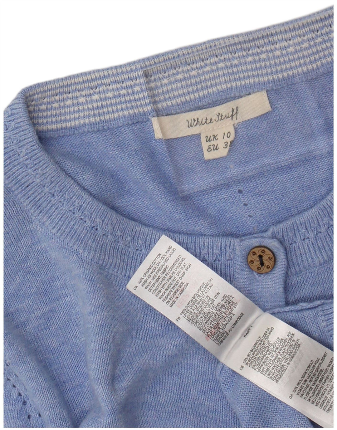 WHITE STUFF Damski sweter kardigan UK 10 Small, bawełniany w niebieskie plamki