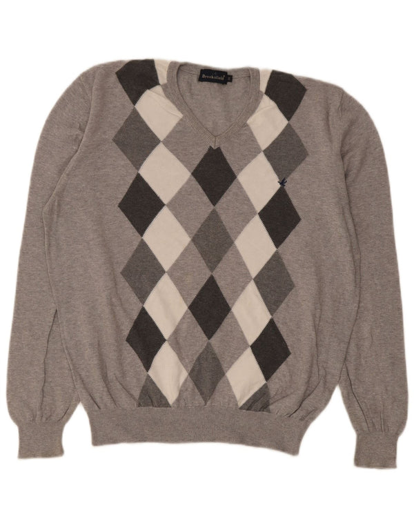Męski sweter Brooksfield z dekoltem w szpic IT 50 Średni szary Argyle/Diament