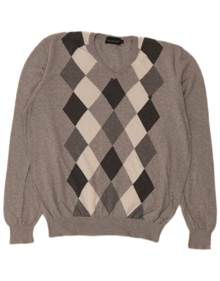 Męski sweter Brooksfield z dekoltem w szpic IT 50 Średni szary Argyle/Diament