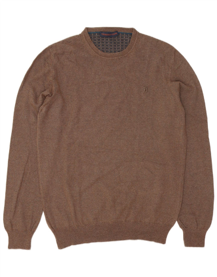 Męski sweter z okrągłym dekoltem Trussardi Jeans, średni brąz