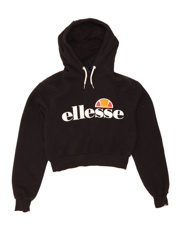 ELLESSE Womens Crop Oversized Graphic Hoodie Jumper UK 10 Medium  Black Vintage Ellesse and Second-Hand Ellesse from Messina Hembry 