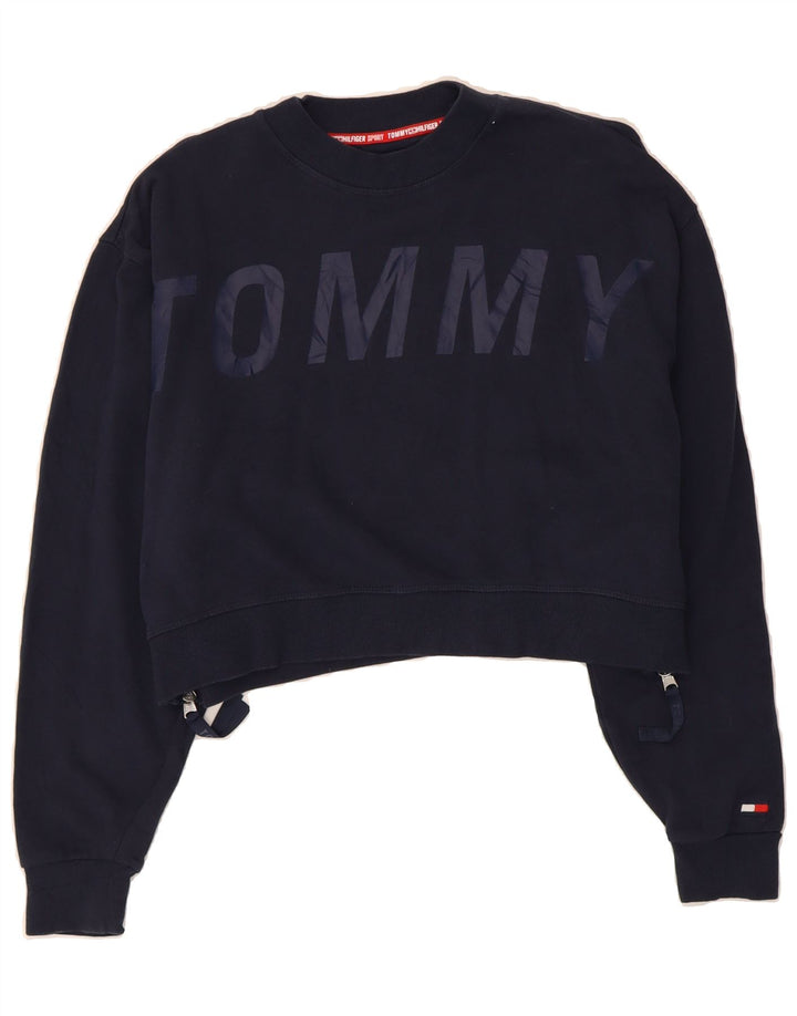TOMMY HILFIGER Womens Crop Sweatshirt Jumper UK 14 Medium Navy Blue Vintage Tommy Hilfiger and Second-Hand Tommy Hilfiger from Messina Hembry 