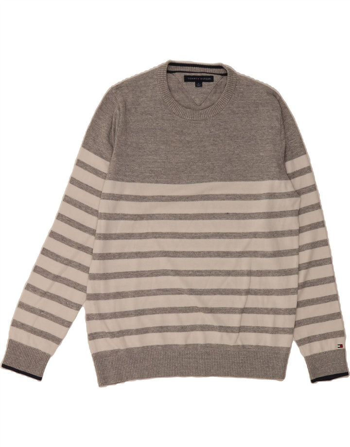 TOMMY HILFIGER Mens Crew Neck Jumper Sweater Medium Grey Striped Cotton Vintage Tommy Hilfiger and Second-Hand Tommy Hilfiger from Messina Hembry 