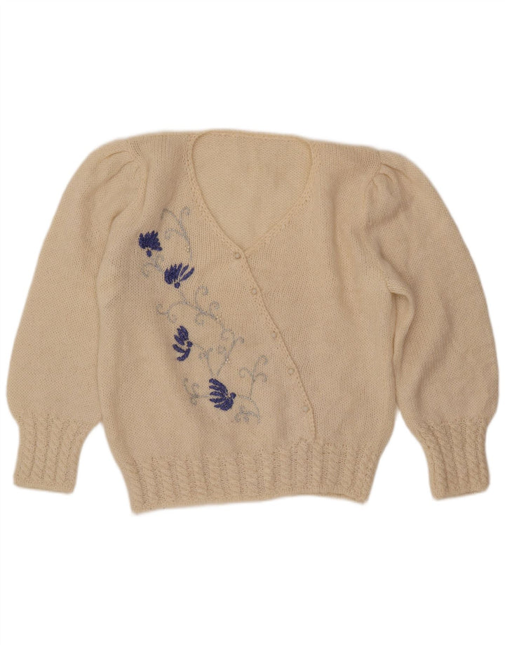 Sweter damski VINTAGE z dekoltem w kształcie litery V, UK 16, duży, w kolorze złamanej bieli, w kwiaty