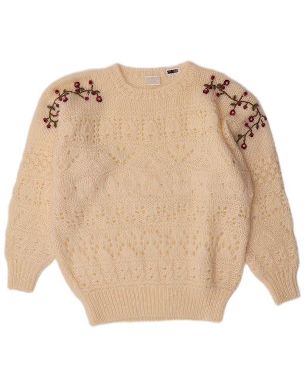 Sweter damski VINTAGE z okrągłym dekoltem EU 44/46 XL w kolorze złamanej bieli w kwiaty