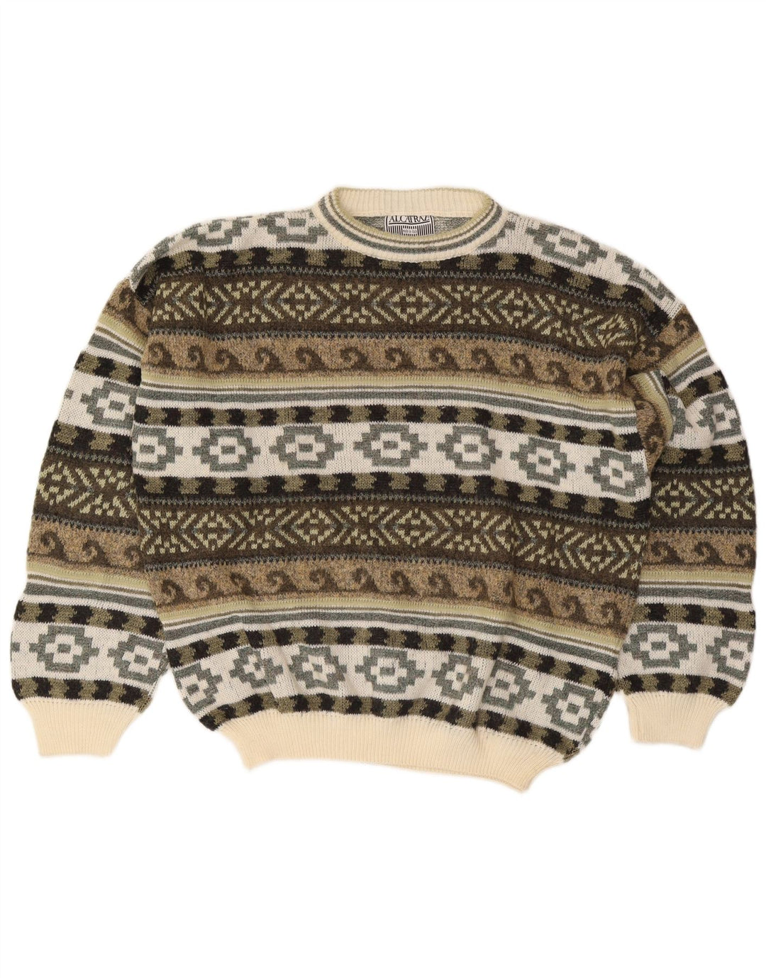 Męski sweter z okrągłym dekoltem Alcatraz, duży, wełniany khaki Fair Isle