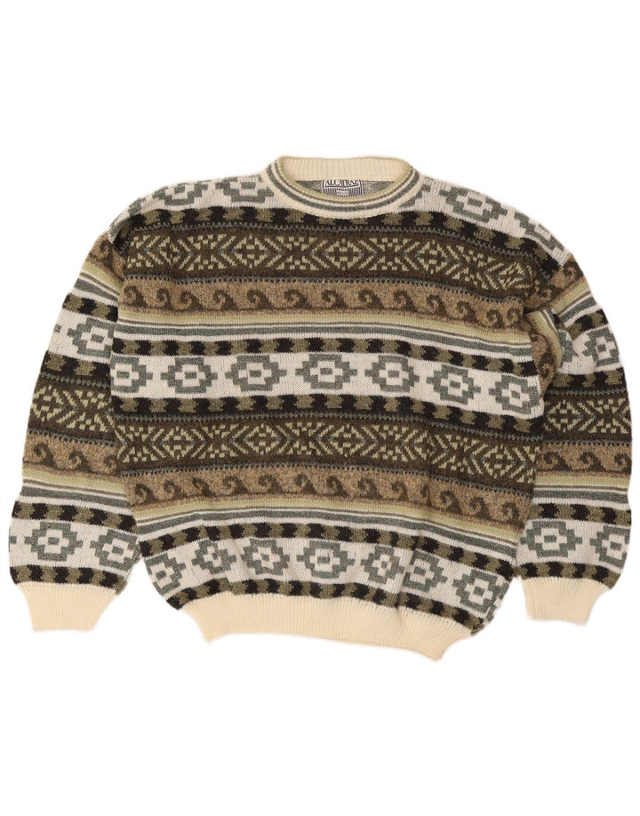 Męski sweter z okrągłym dekoltem Alcatraz, duży, wełniany khaki Fair Isle