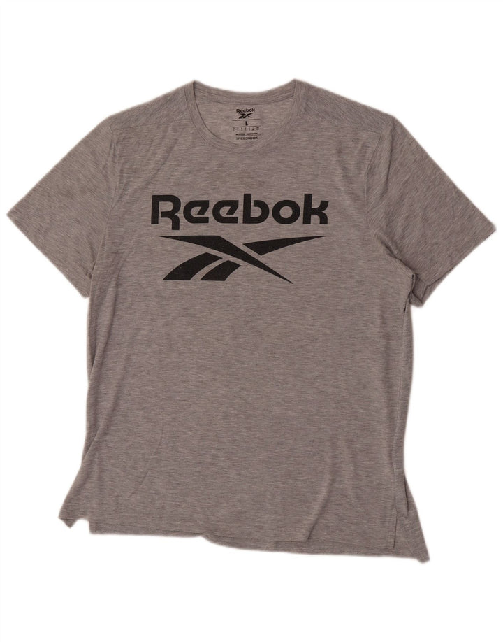 Męski T-shirt z grafiką REEBOK, duży, szary, nakrapiany poliester