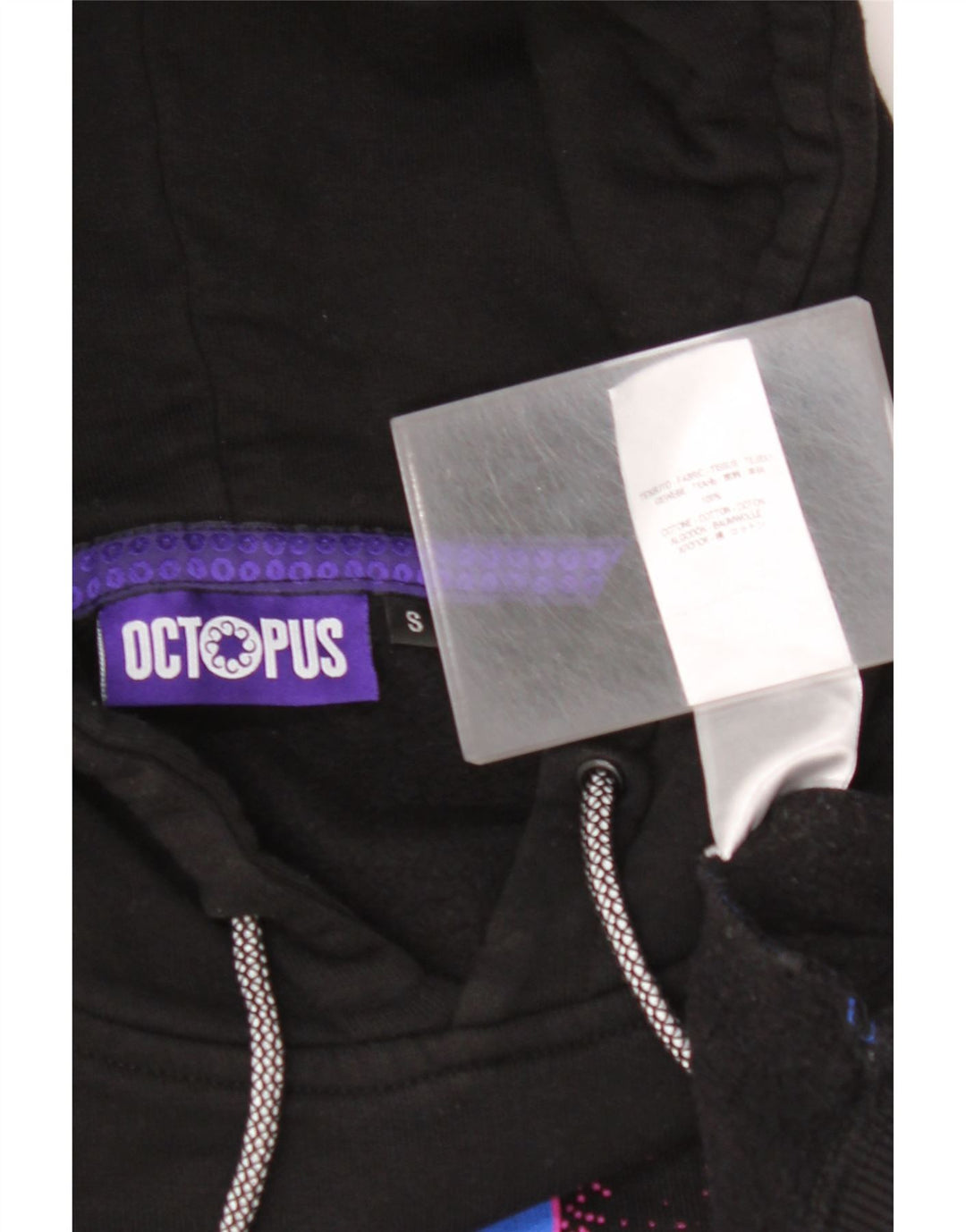 Męski sweter z kapturem i grafiką OCTOPUS, mały, czarny, bawełniany w bloki kolorów