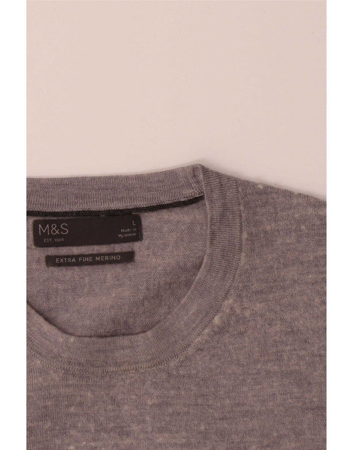 Marks & Spencer Męski sweter z okrągłym dekoltem, duży, szary, z wełny merynosów