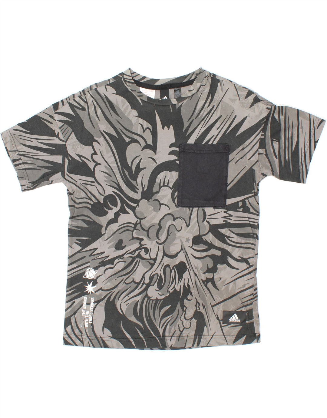 ADIDAS Boys Abstract Pattern T-Shirt Top 11-12 Years Grey Cotton Vintage Adidas and Second-Hand Adidas from Messina Hembry 