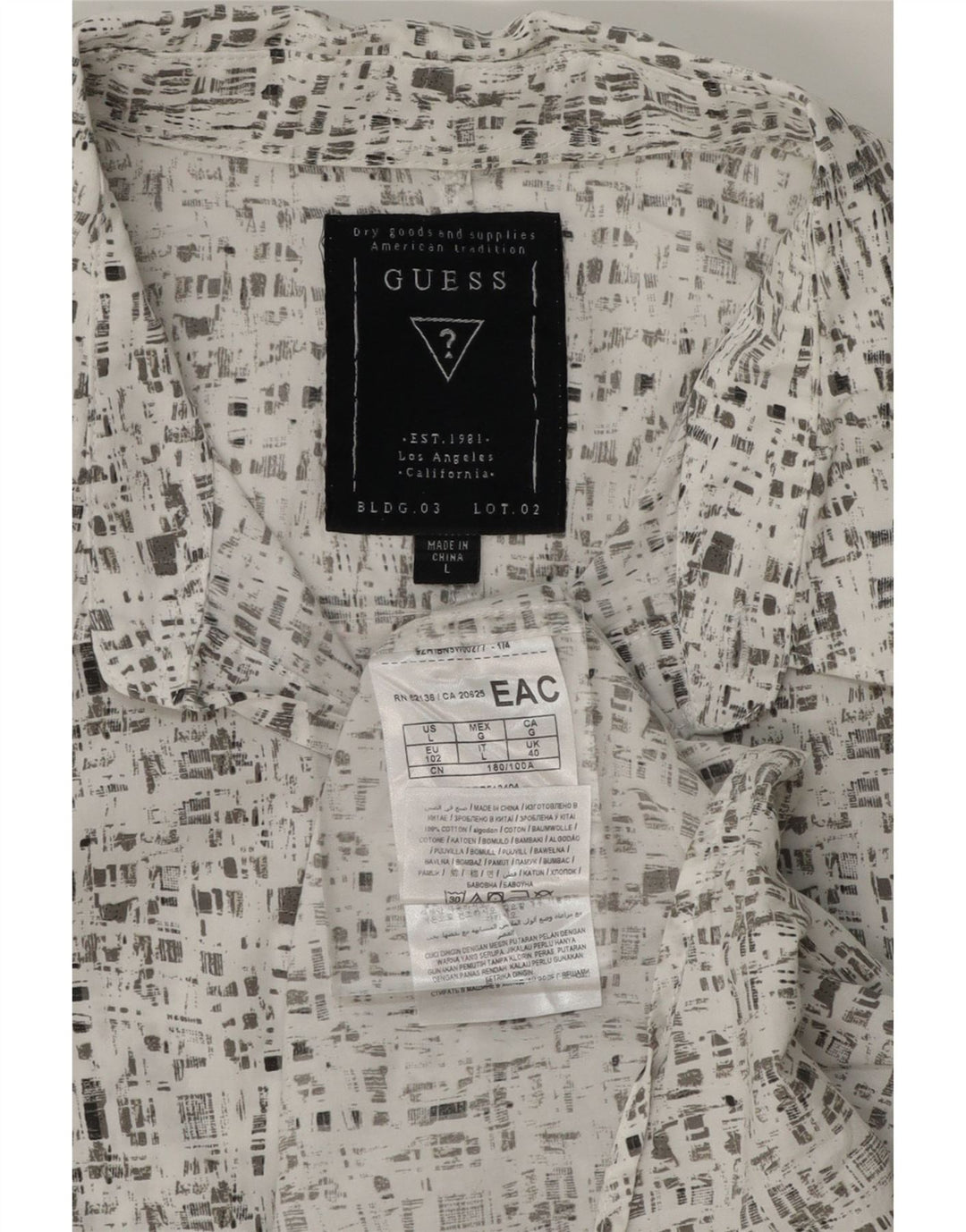 GUESS Mens Abstract Pattern Short Sleeve Shirt Large White Cotton Vintage Guess and Second-Hand Guess from Messina Hembry 