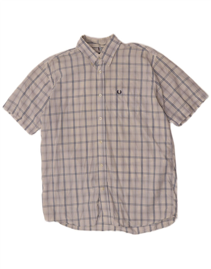 Męska koszula z krótkim rękawem Fred Perry, duża, biała, bawełniana krata