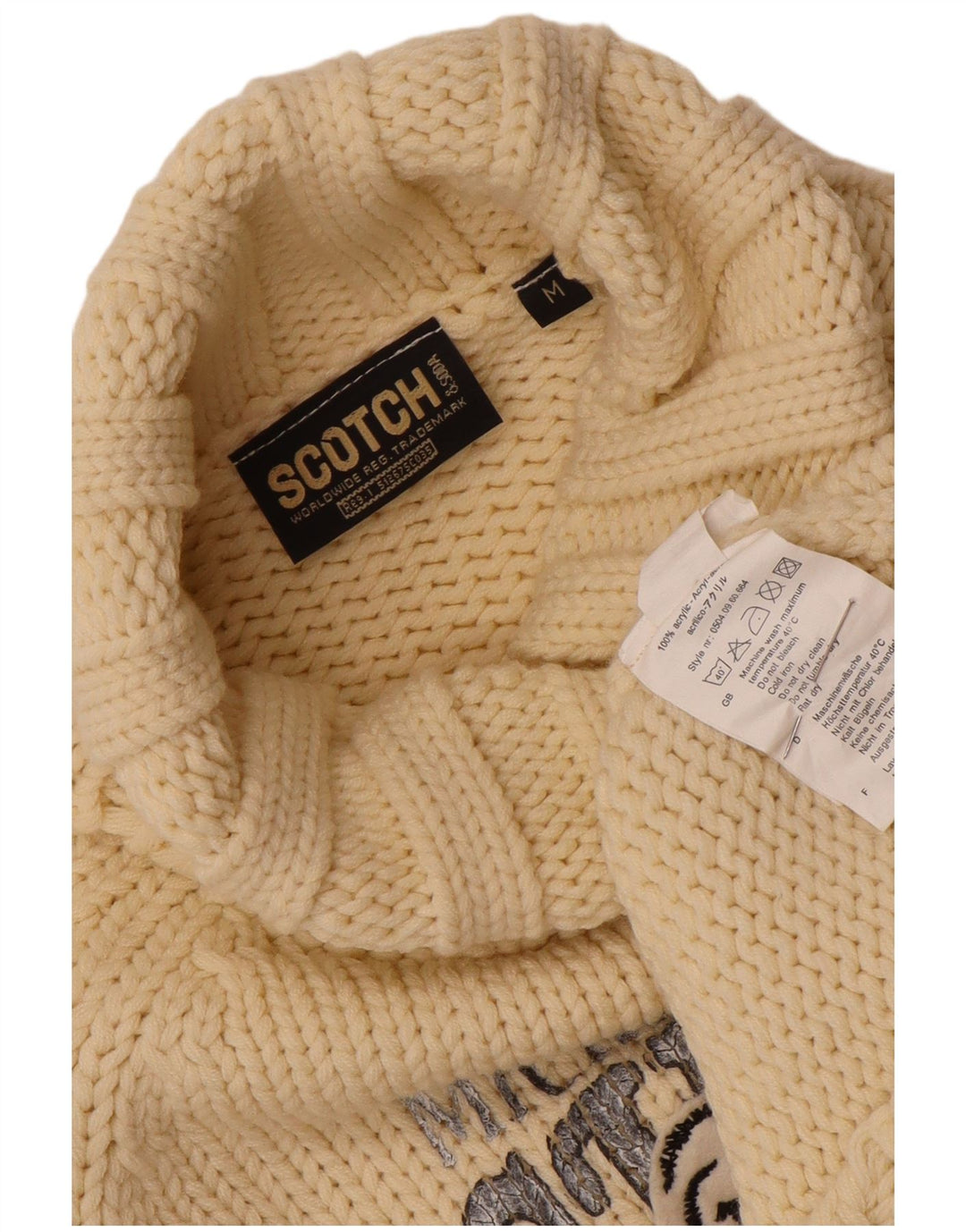 Sweter damski Scotch & Soda z grafiką i okrągłym dekoltem, UK 14, średni beż