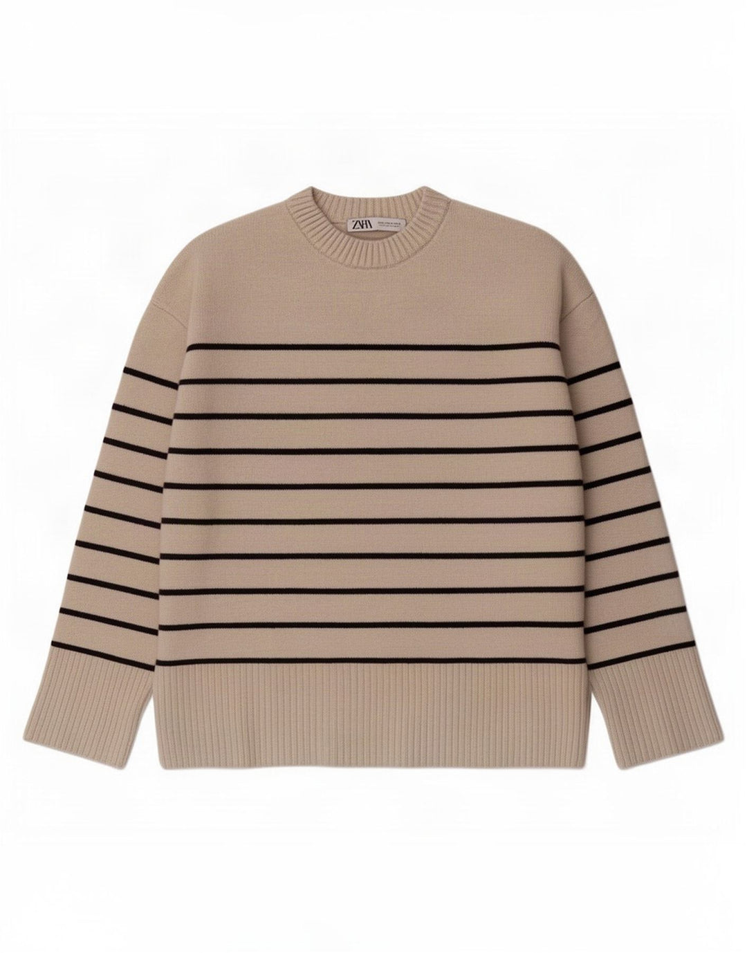 Damski sweter oversize Zara z okrągłym dekoltem UK 14 w średnie beżowe paski