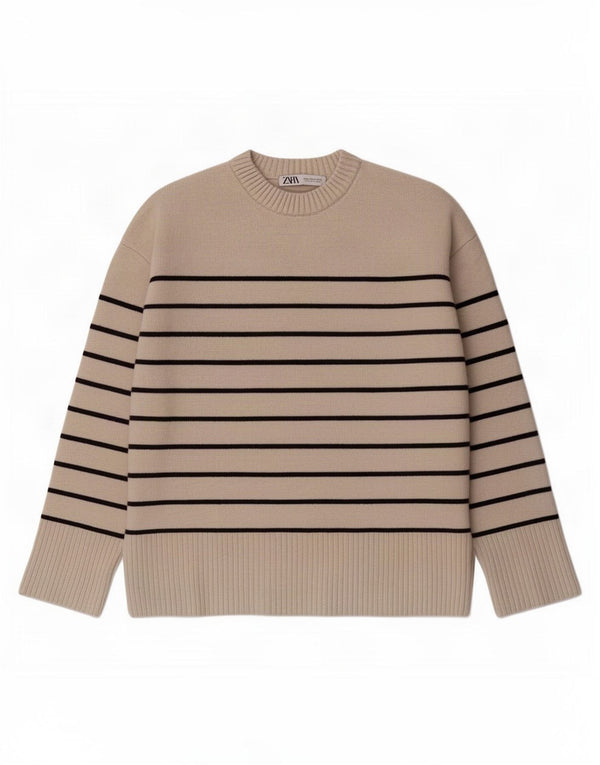 Damski sweter oversize Zara z okrągłym dekoltem UK 14 w średnie beżowe paski