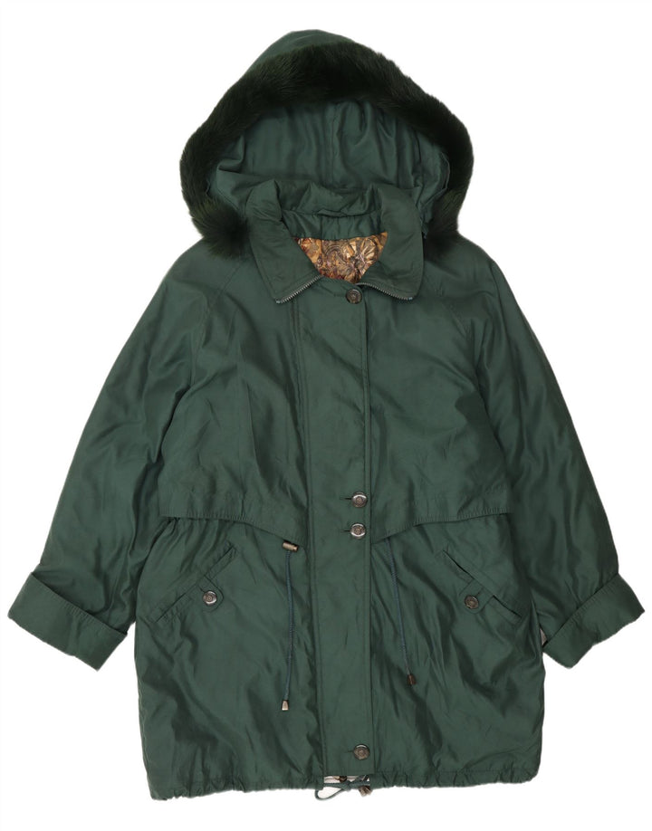 Vintage damska kurtka typu parka z kapturem, oversize UK 16, duża, zielona, poliester