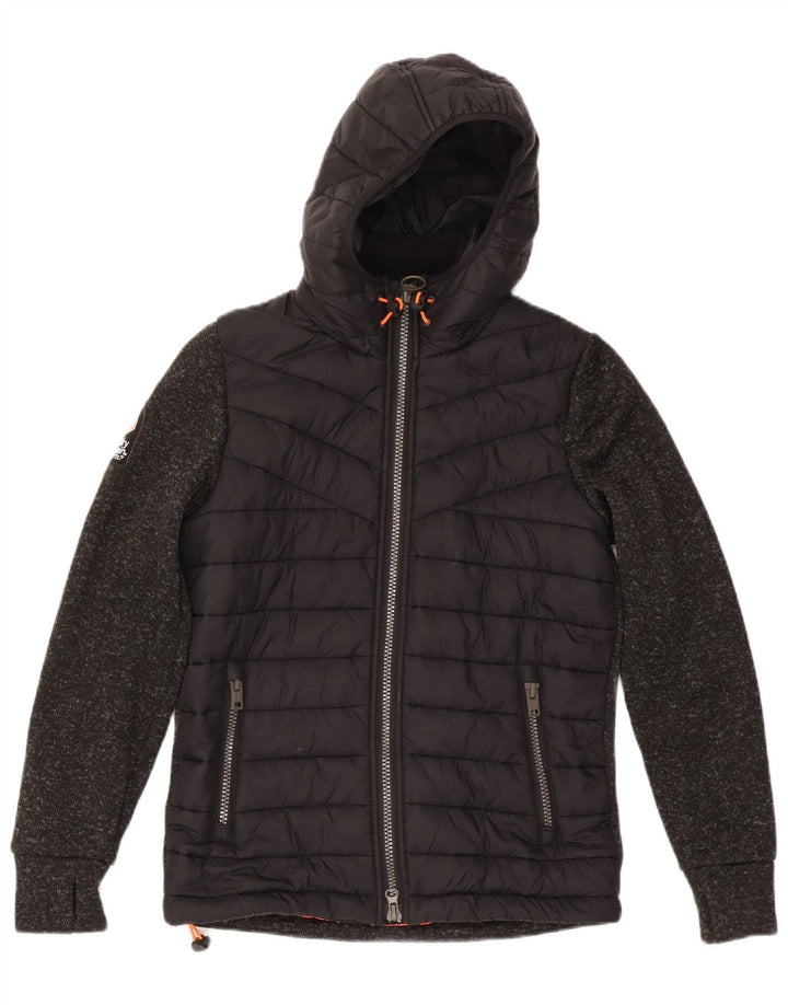 Damska wyściełana kurtka z kapturem Superdry UK 14, średni czarny poliester w cętki