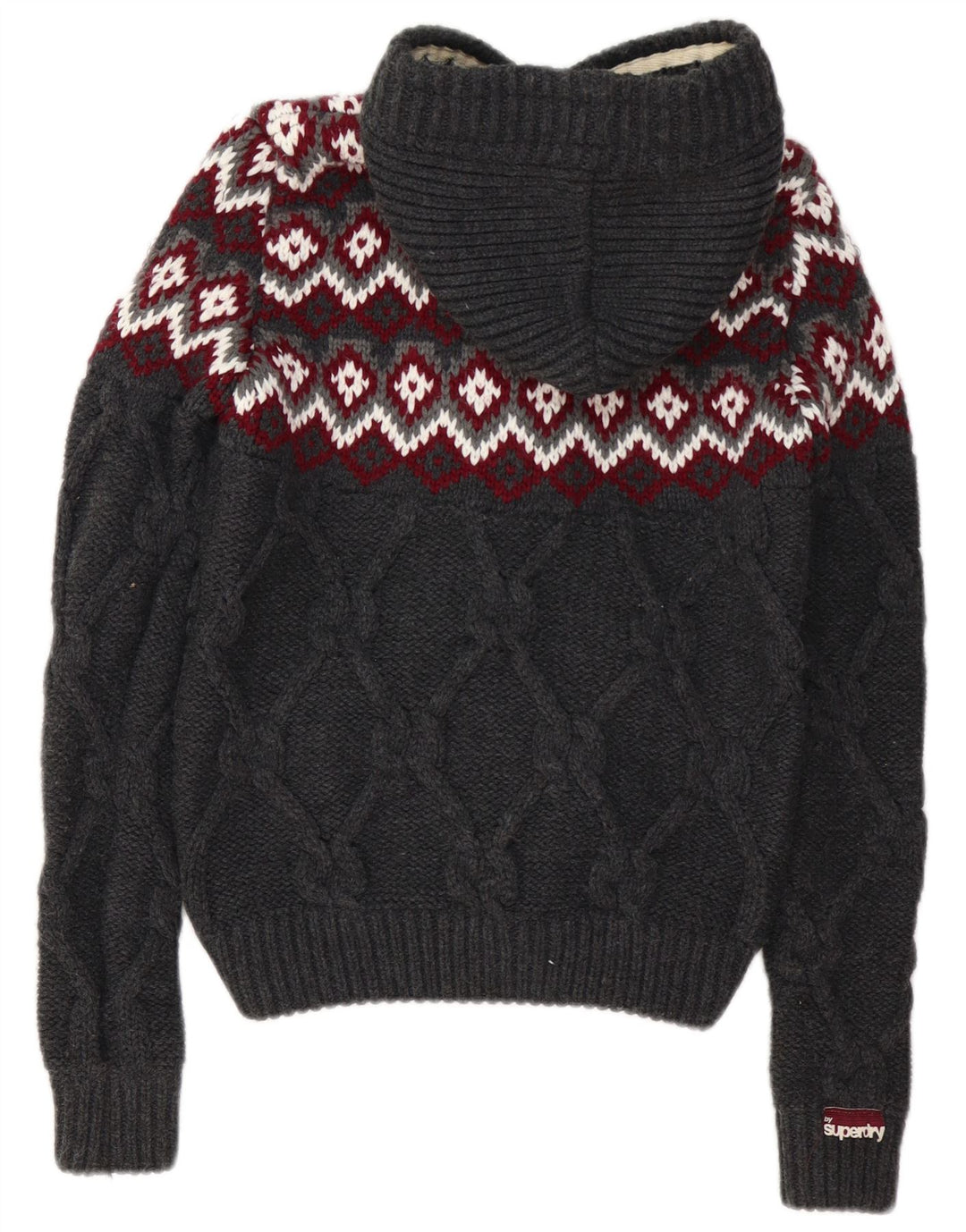 SUPERDRY damski sweter rozpinany z kapturem UK 10 mały szary Fair Isle akryl