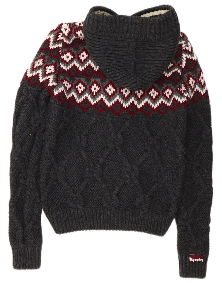 SUPERDRY damski sweter rozpinany z kapturem UK 10 mały szary Fair Isle akryl
