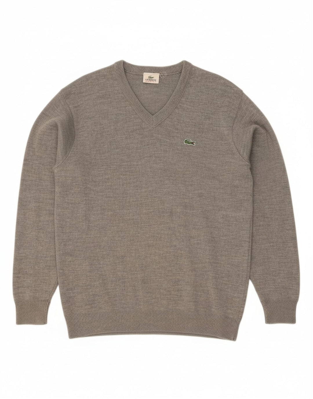 LACOSTE Mens V-Neck Jumper Sweater Size 5 Large Grey Wool