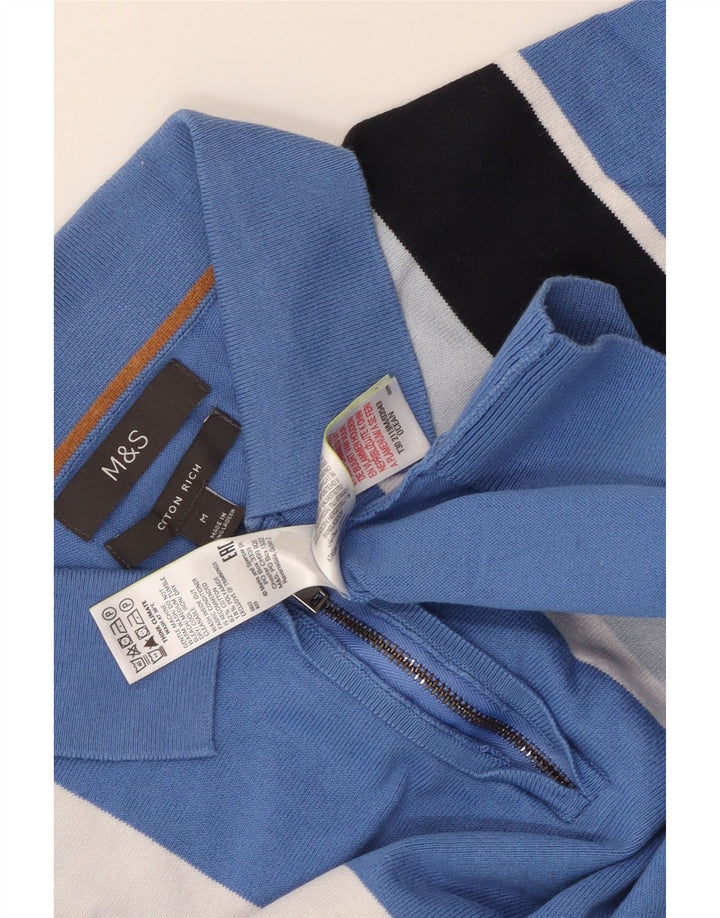 Marks & Spencer Męski sweter polo z okrągłym dekoltem, bawełniany w średnie niebieskie paski