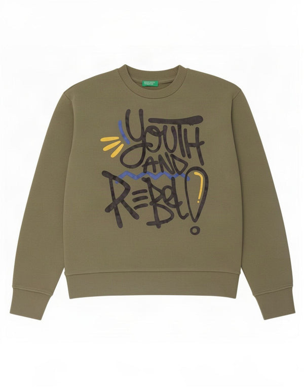 Dziewczęca bluza z grafiką Benetton 10-11 lat XL, bawełna khaki