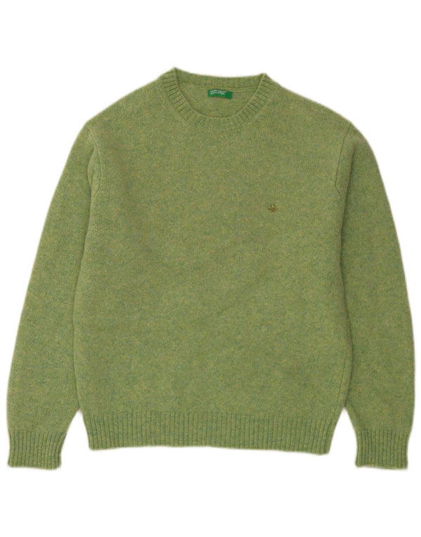 Damski sweter z okrągłym dekoltem Benetton UK 16, duży, zielony, wełniany