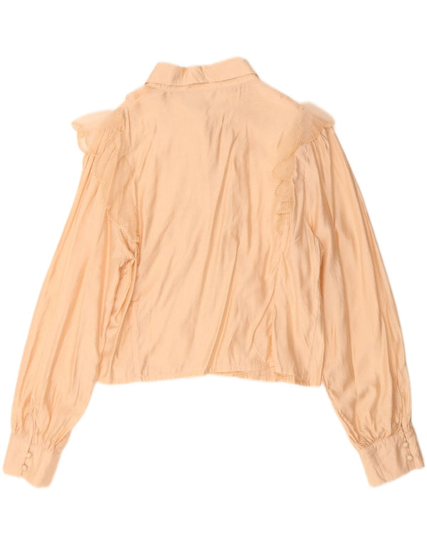 Damska bluzka koszulowa w stylu vintage, z falbaną z przodu, UK 14, średnia beżowa wiskoza