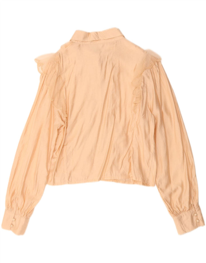 Damska bluzka koszulowa w stylu vintage, z falbaną z przodu, UK 14, średnia beżowa wiskoza