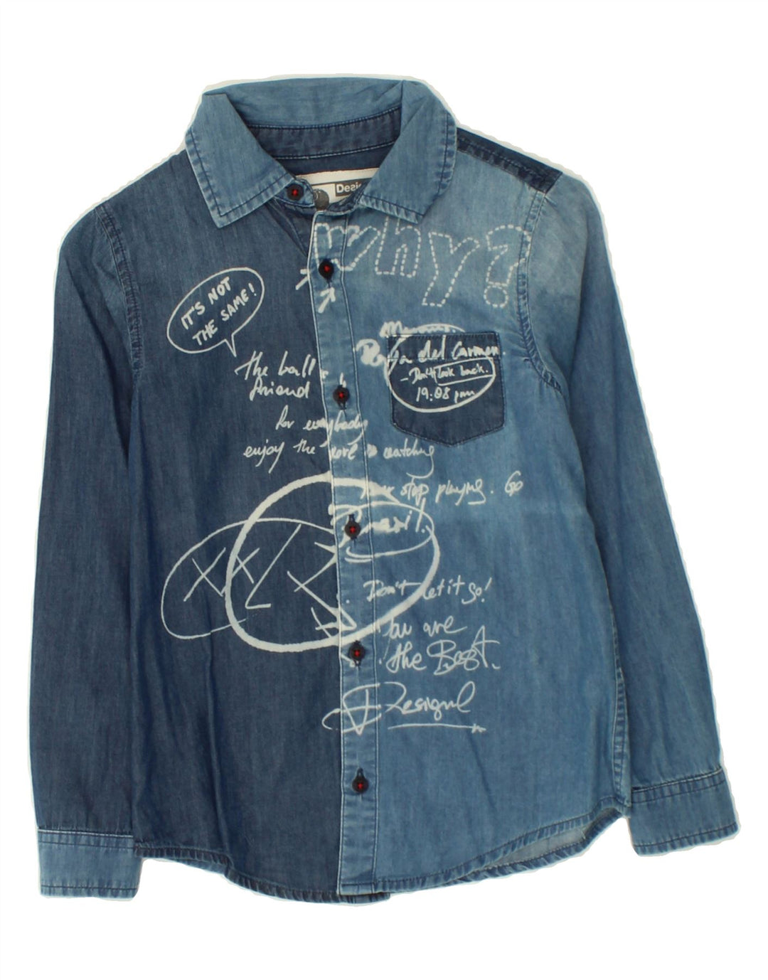 DESIGUAL Boys Graphic Denim Shirt 9-10 Years Blue Colourblock Vintage Desigual and Second-Hand Desigual from Messina Hembry 