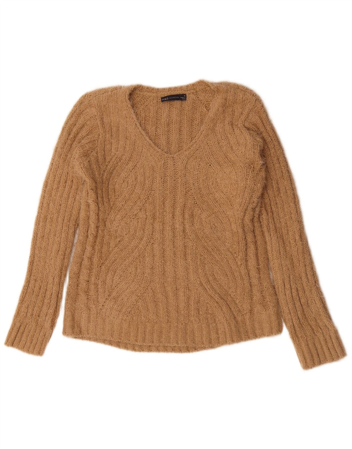 Marks & Spencer Damski sweter z dekoltem w kształcie litery V, UK 14, średni beżowy poliester