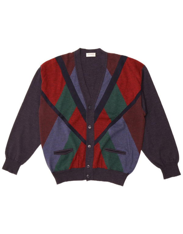 Vintage męski sweter kardigan IT 54 XL granatowa wełna z blokami kolorów