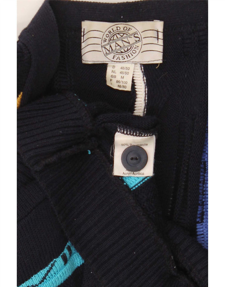Vintage męski sweter rozpinany, średni granatowy, bawełniany w paski
