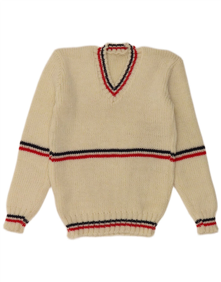 Vintage męski sweter z dekoltem w kształcie litery V, małe białe paski