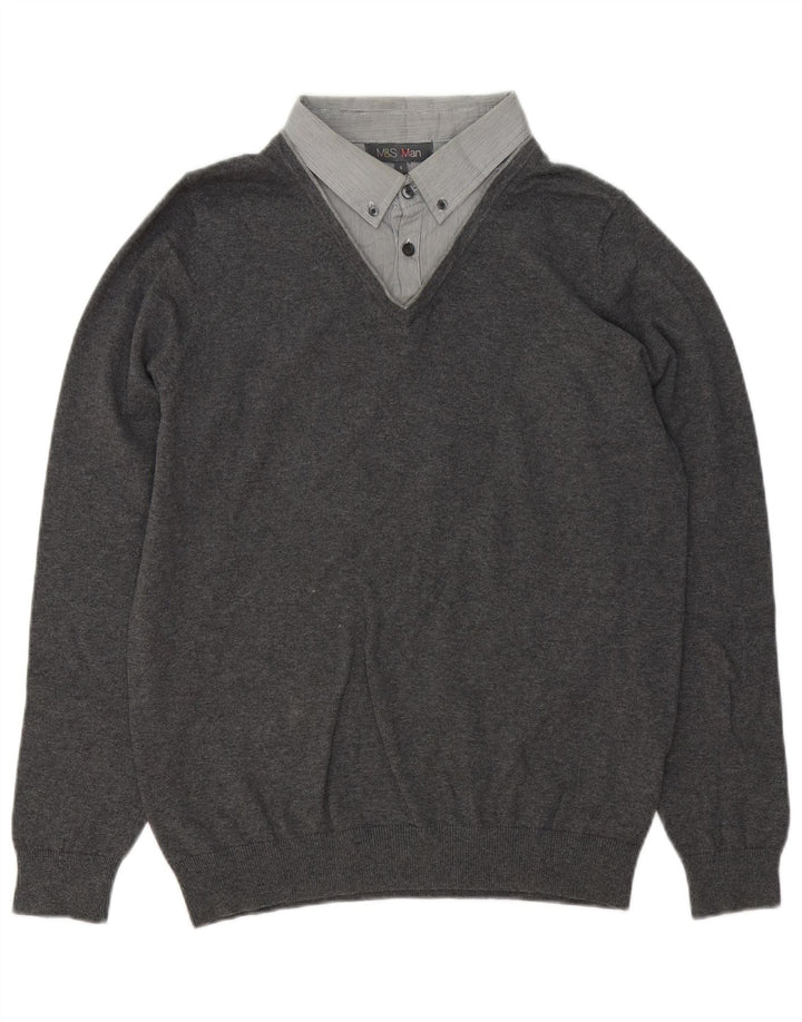 Marks & Spencer Męski sweter polo, mały, szary, bawełniany