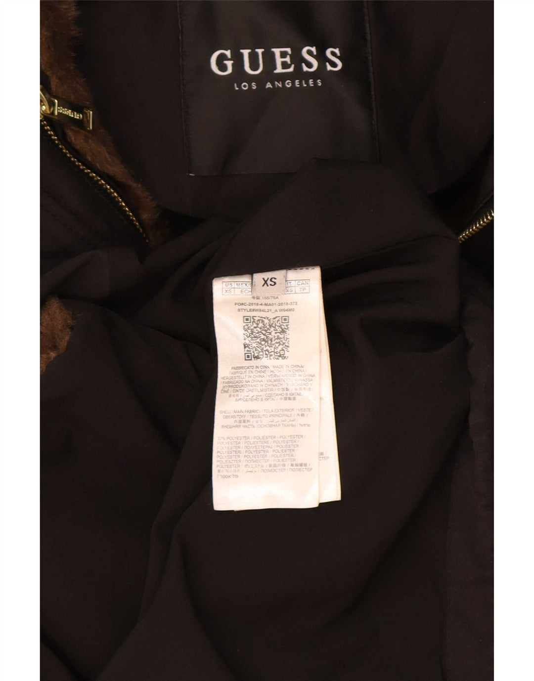 Damska kurtka parka z kapturem Guess z grafiką UK 6 XS, czarna, poliestrowa