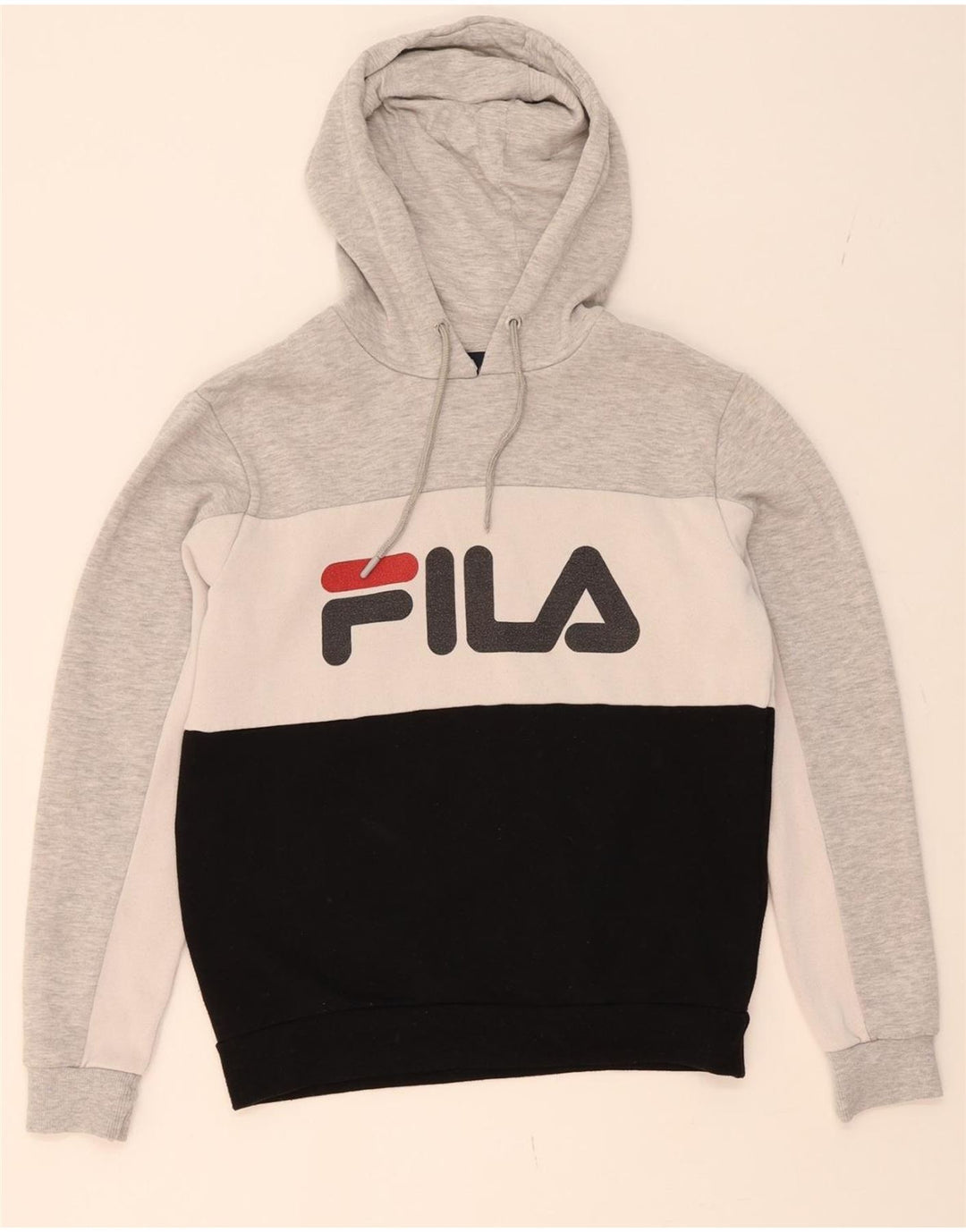 FILA Mens Graphic Hoodie Jumper Small Grey Colourblock Polyester Vintage Fila and Second-Hand Fila from Messina Hembry 