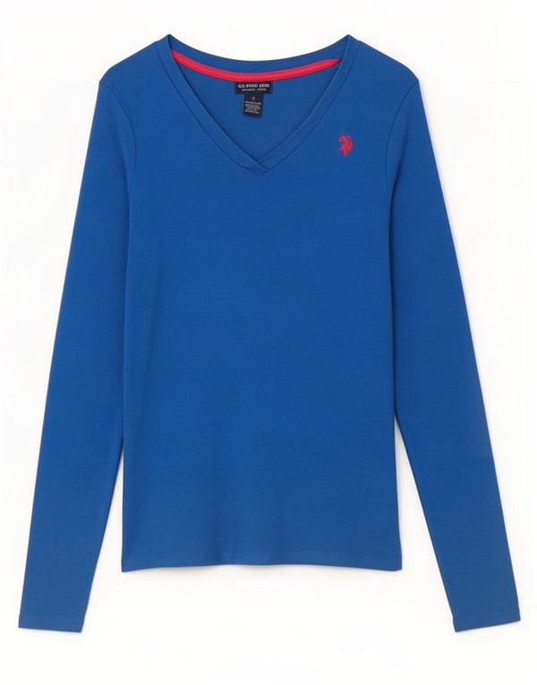 US Polo Assn. Top damski z długim rękawem UK 10, mały, niebieski, bawełniany