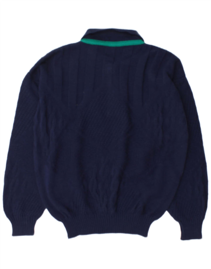 Vintage męski sweter polo z dekoltem w serek, duży granatowy wełniany
