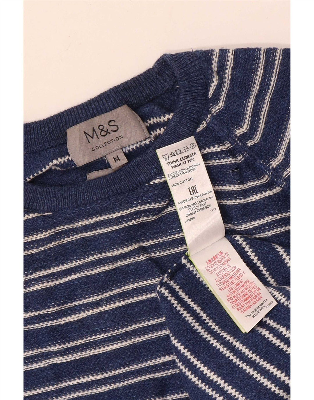 Marks & Spencer Męski sweter z okrągłym dekoltem, średni granatowy w paski