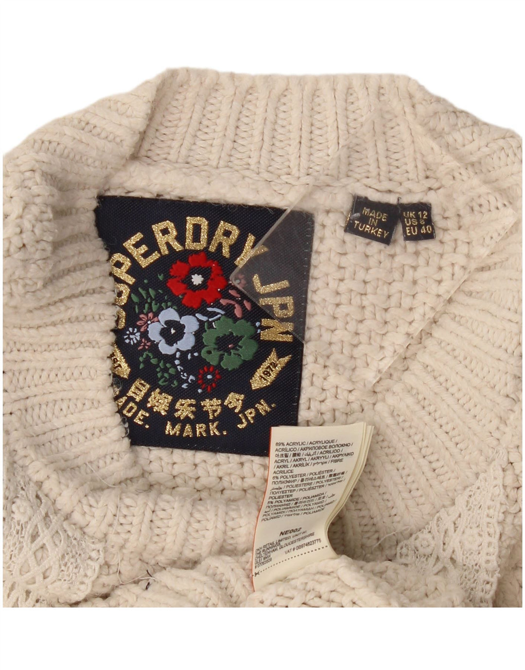 Damski sweter oversize Superdry z okrągłym dekoltem UK 12, średni złamanej bieli