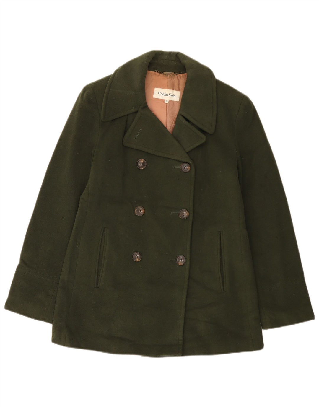 CALVIN KLEIN Damski płaszcz groszkowy US 6, średnia wełna khaki