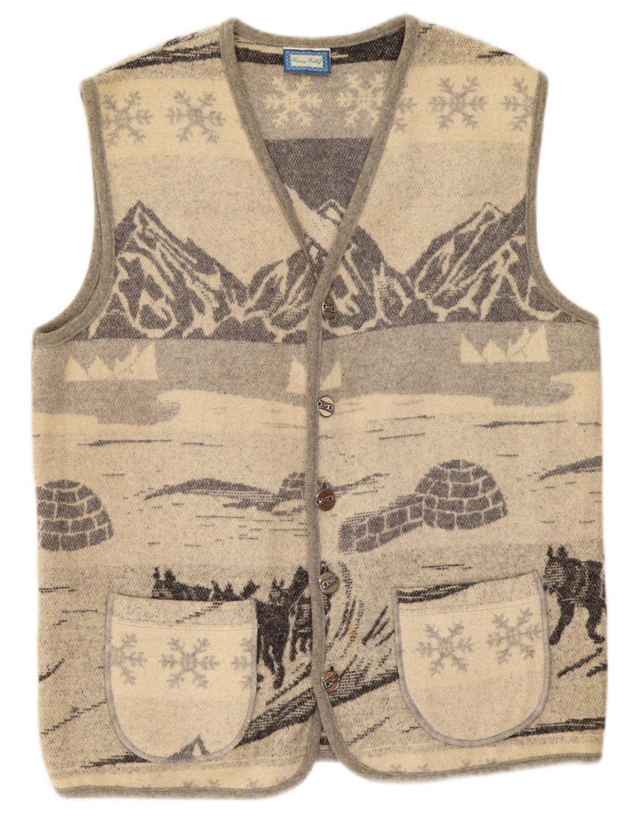 Męski sweter rozpinany bez rękawów w stylu vintage, średnioszary, wełniany