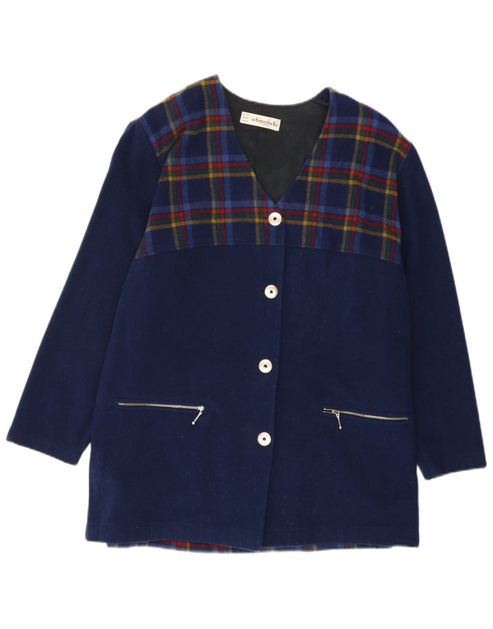 Płaszcz damski SCHMEINCK UK 16, duży, wełniany w granatową kratę