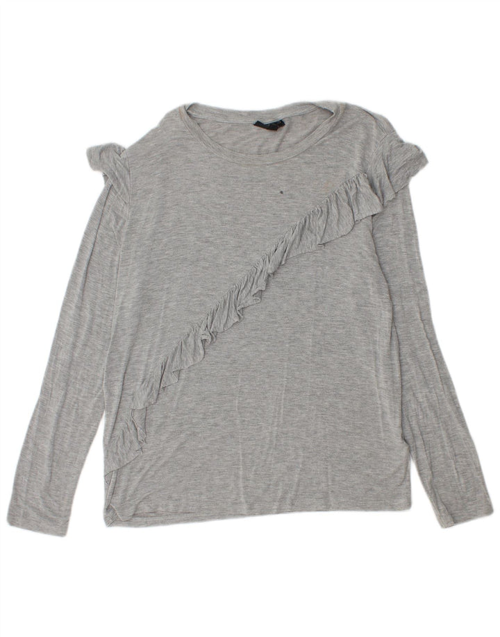 Topshop damski top z falbaną z przodu, z długim rękawem, UK 12, średni szary nakrapiany