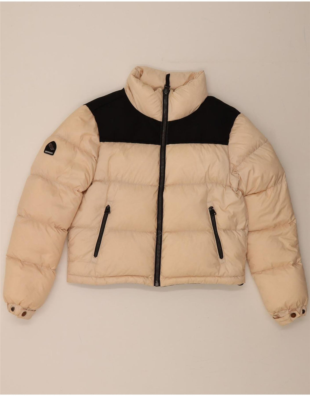 SUPERDRY Womens Oversized Crop Padded Jacket UK 8 Small Beige Colourblock Vintage Superdry and Second-Hand Superdry from Messina Hembry 