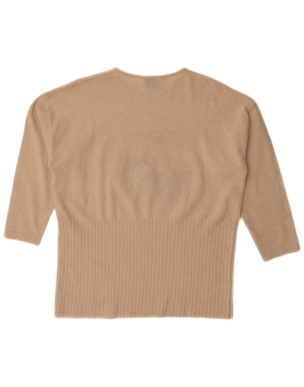 Vintage damski sweter z graficznym rękawem 3/4 i okrągłym dekoltem UK 20 2XL beżowy