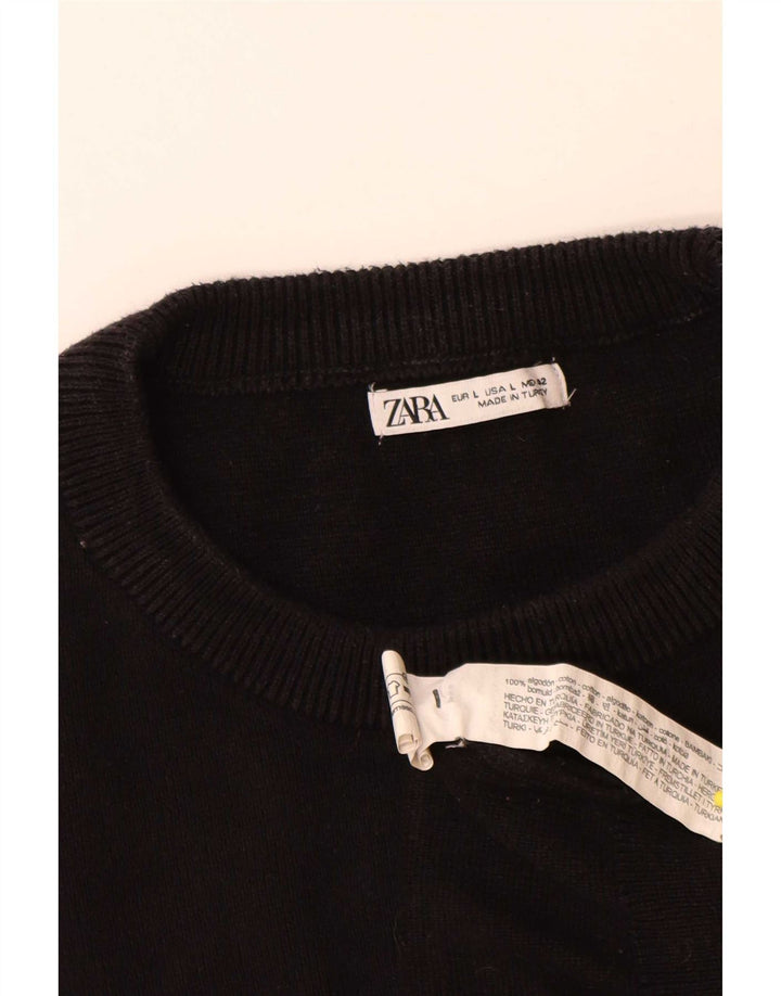 Zara Męski sweter z okrągłym dekoltem, duży, czarny, bawełniany