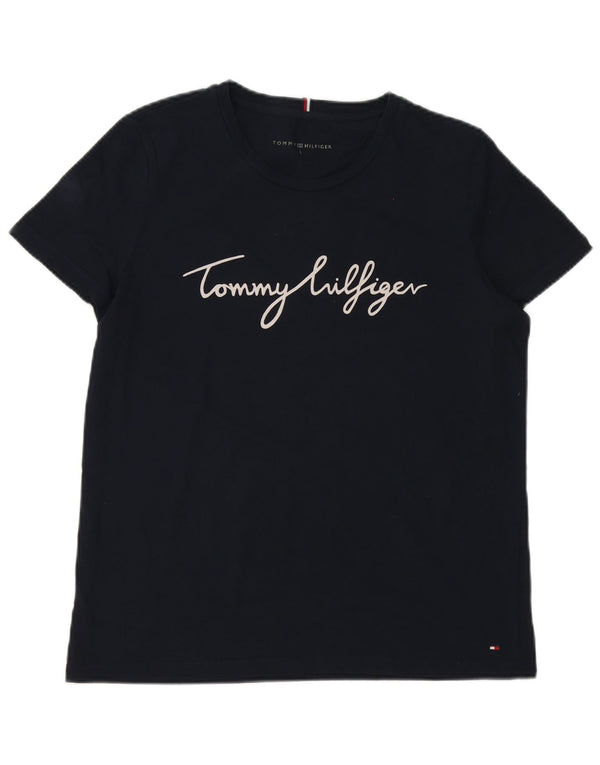 Damska koszulka graficzna Tommy Hilfiger Top UK 16, duża, granatowa, bawełniana